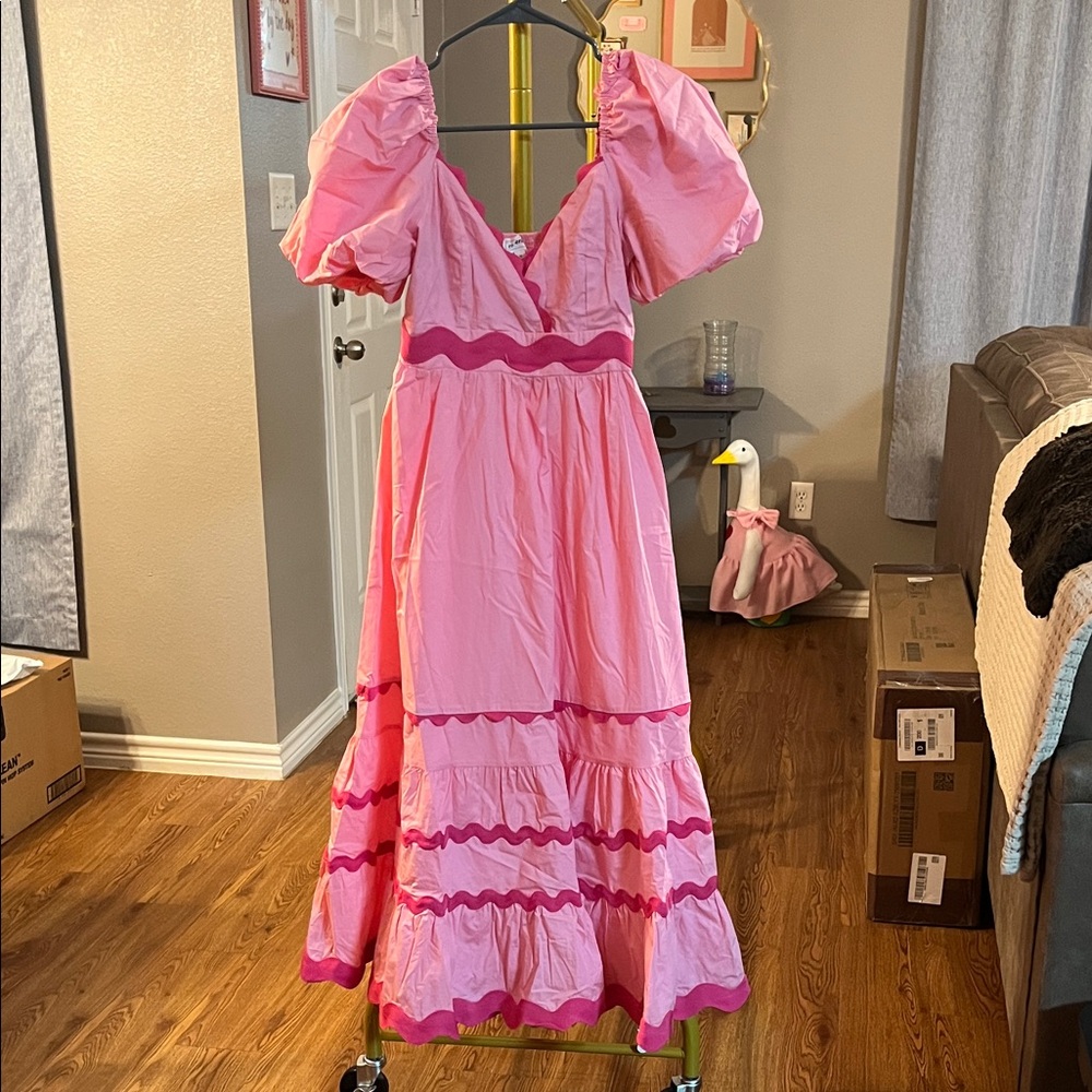 Pink Puff-Sleeve Maxi Dress with Scalloped Trim